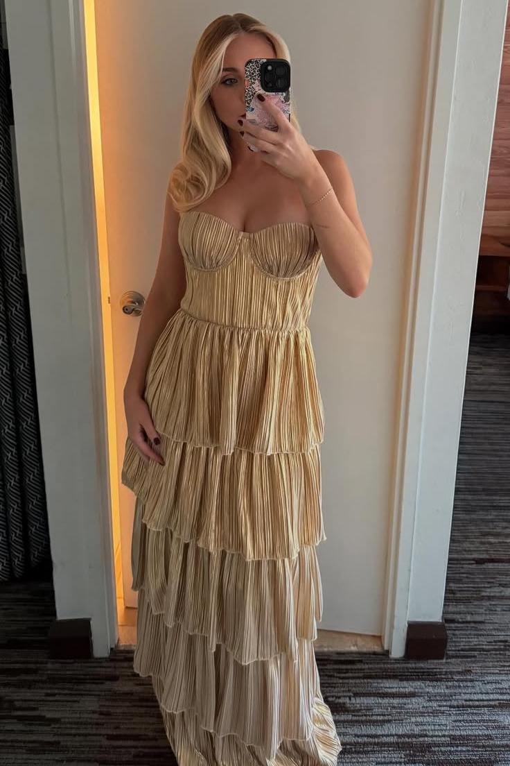 Golden Strapless Metallic Multi-Layered A-Line Sweetheart Prom Dress