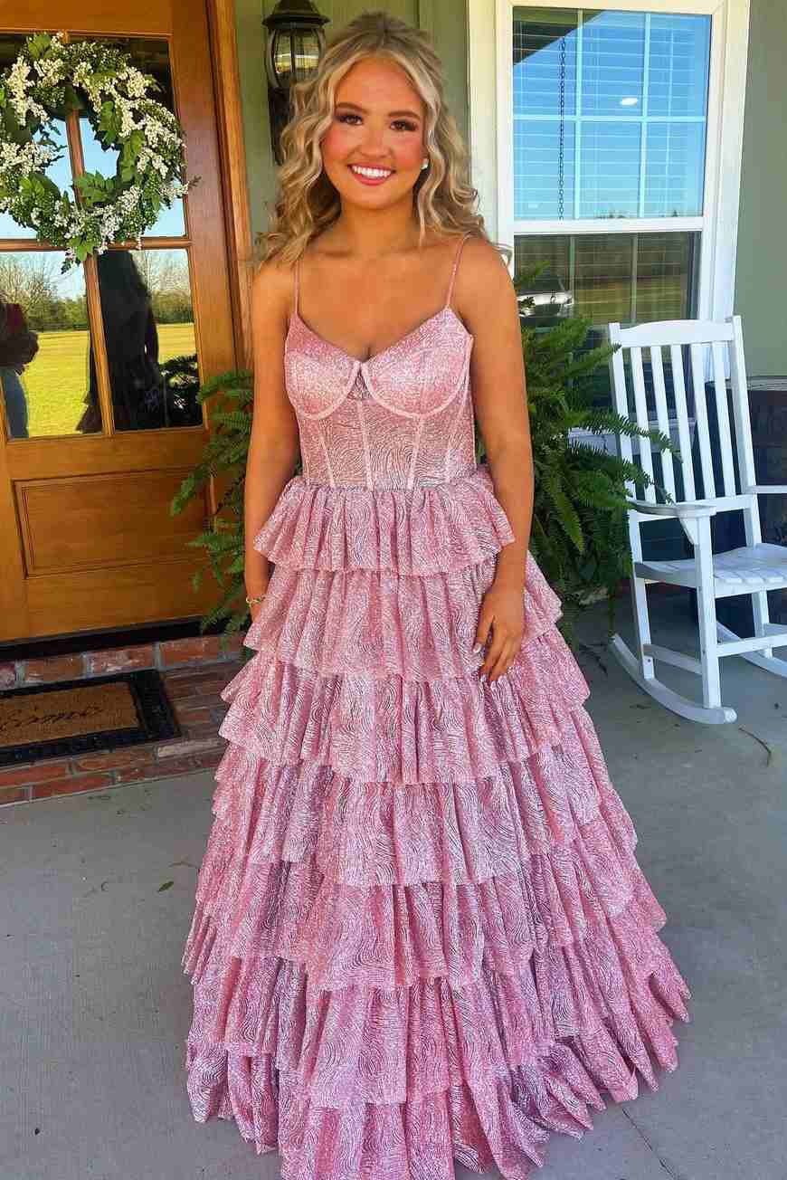 Gorgeous Spaghetti Straps Tiered Glitter A-Line Empire-Waist Long Prom Dress