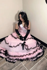 Vintage Strapless A-Line Empire-Waist with Black Lace Ruffles Long Prom Dress