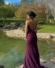 Purple Spaghetti Straps V-Neck Lace Mermaid Sleeveless Long Prom Dress