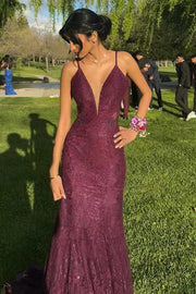 Purple Spaghetti Straps V-Neck Lace Mermaid Sleeveless Long Prom Dress
