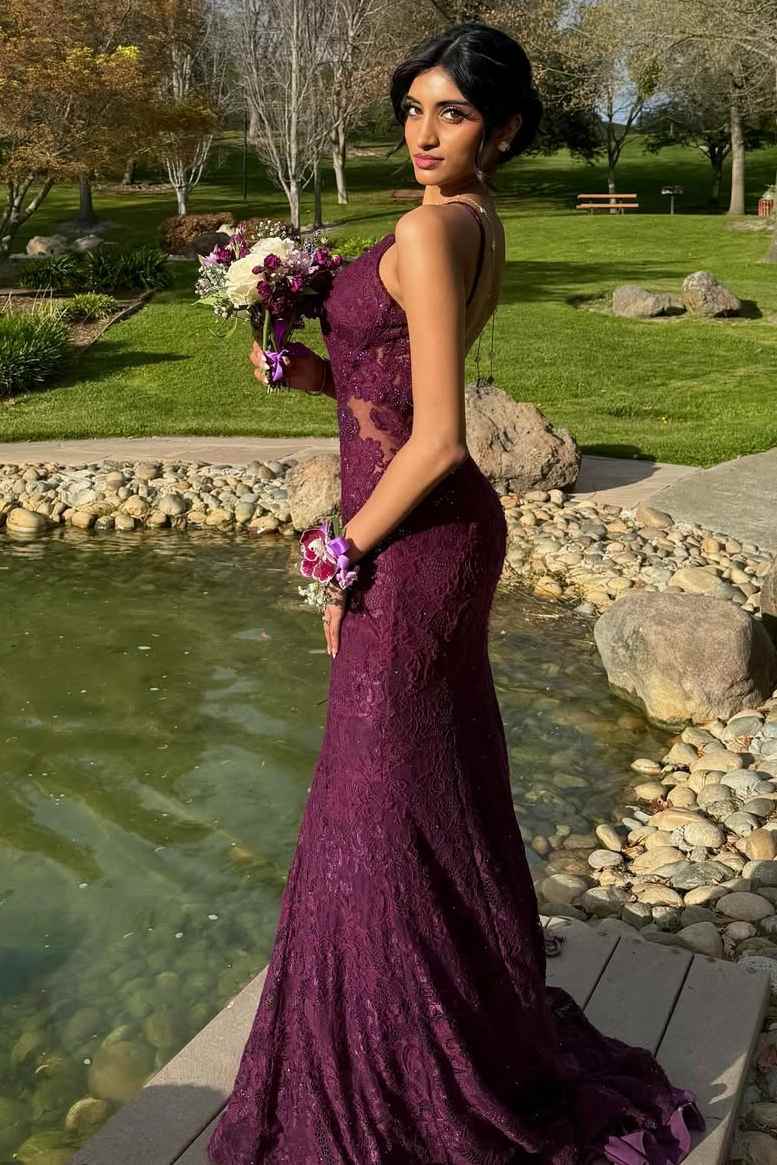 Purple Spaghetti Straps V-Neck Lace Mermaid Sleeveless Long Prom Dress