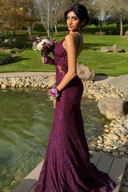 Purple Spaghetti Straps V-Neck Lace Mermaid Sleeveless Long Prom Dress