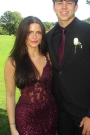 Stunning Grape V-Neck Appliques Sequins Mermaid Long Prom Dress