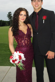 Stunning Grape V-Neck Appliques Sequins Mermaid Long Prom Dress