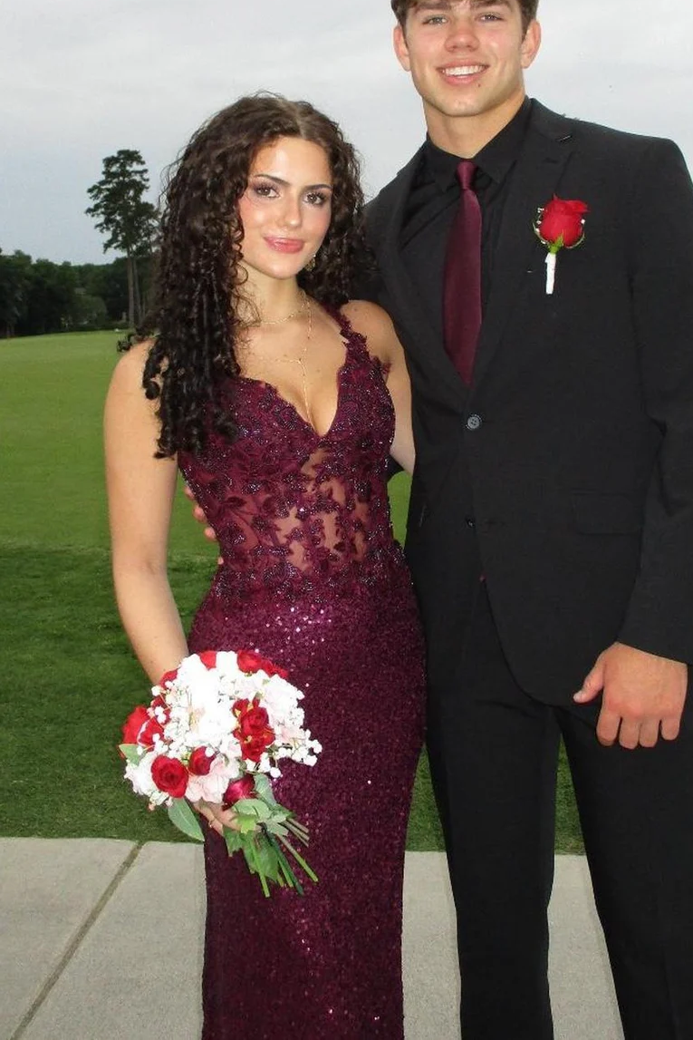 Stunning Grape V-Neck Appliques Sequins Mermaid Long Prom Dress