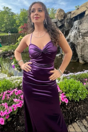 Purple Satin Spaghetti Straps V-Neck Pleats Mermaid Long Prom Dress