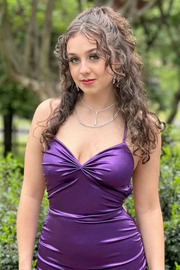 Purple Satin Spaghetti Straps V-Neck Pleats Mermaid Long Prom Dress
