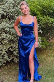 Royal Blue Spaghetti Straps Pleats Satin Long Prom Dress with High Slit