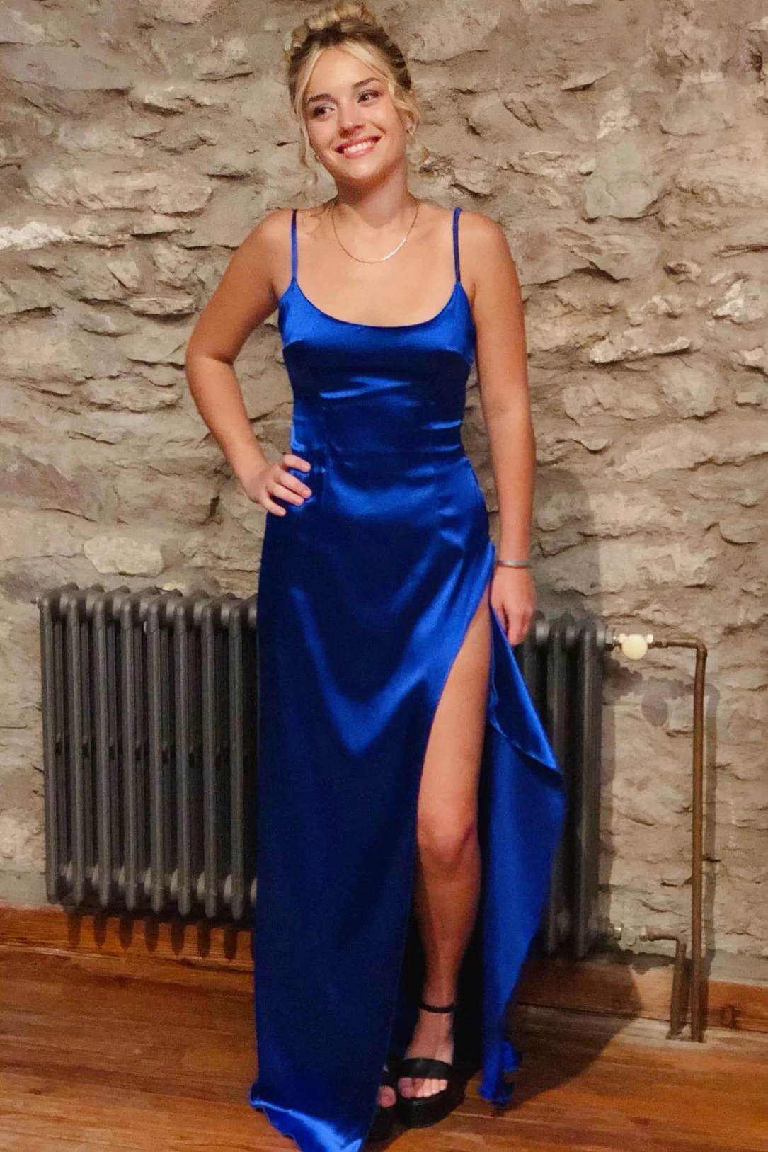 Royal Blue Spaghetti Straps Pleats Satin Long Prom Dress with High Slit
