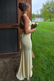 Yellow Halter V-Neck Twist Sleeveless Pleats Backless Long Prom Dress