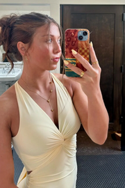 Yellow Halter V-Neck Twist Sleeveless Pleats Backless Long Prom Dress