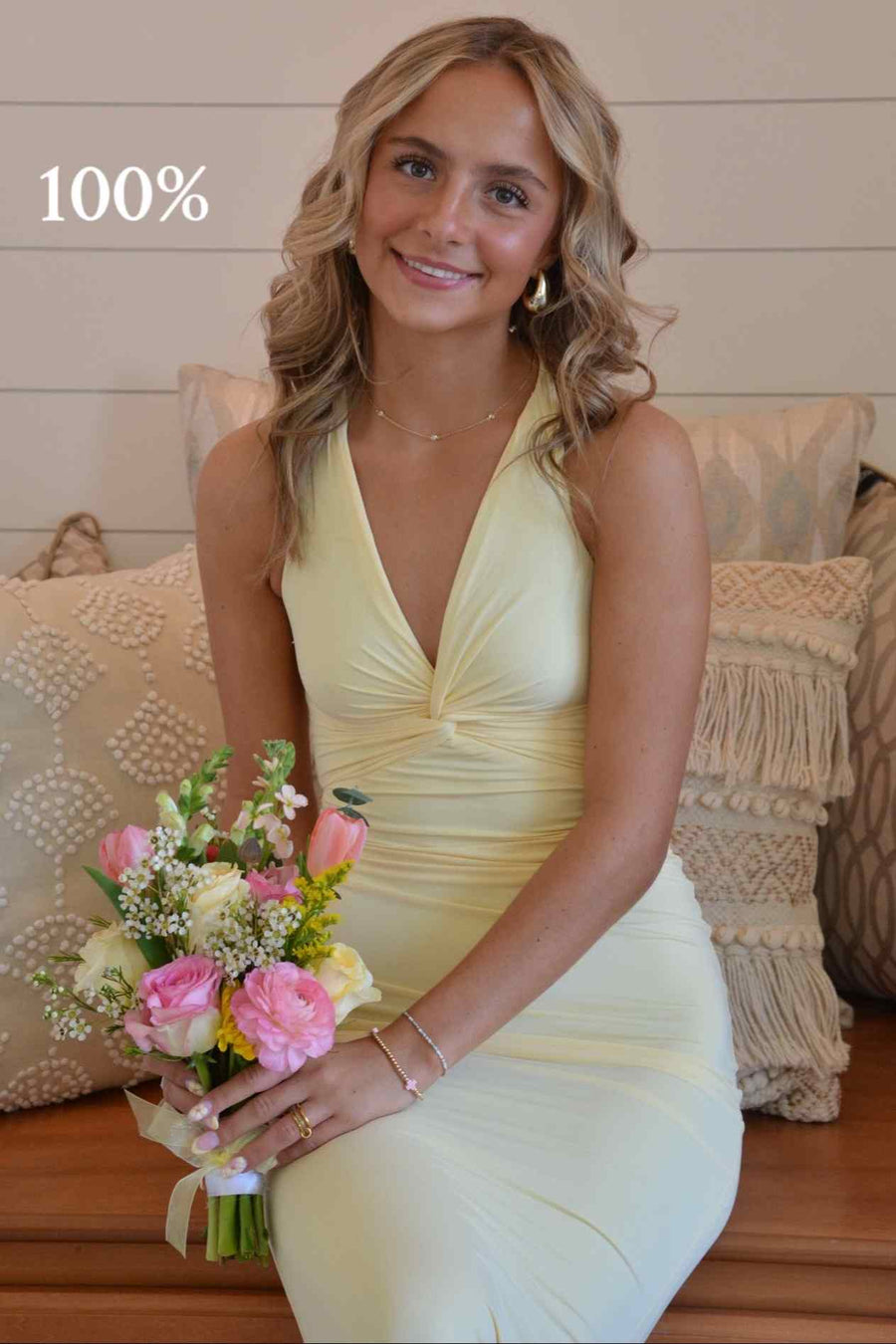 Yellow Halter V-Neck Twist Sleeveless Pleats Backless Long Prom Dress
