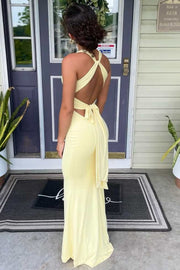 Yellow Halter V-Neck Twist Sleeveless Pleats Backless Long Prom Dress