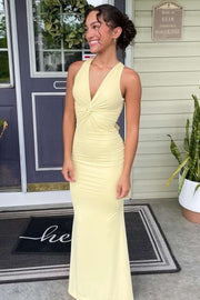 Yellow Halter V-Neck Twist Sleeveless Pleats Backless Long Prom Dress