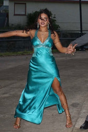 Elegant V-Neck Sequins Beads Pleats Satin Long Prom Dress with Slit