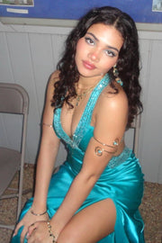 Elegant V-Neck Sequins Beads Pleats Satin Long Prom Dress with Slit