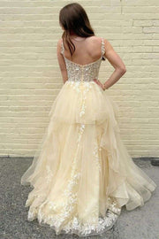 A-Line Straps V-Neck Empire-Waist Lace Appliques Ruffles Long Prom Dress
