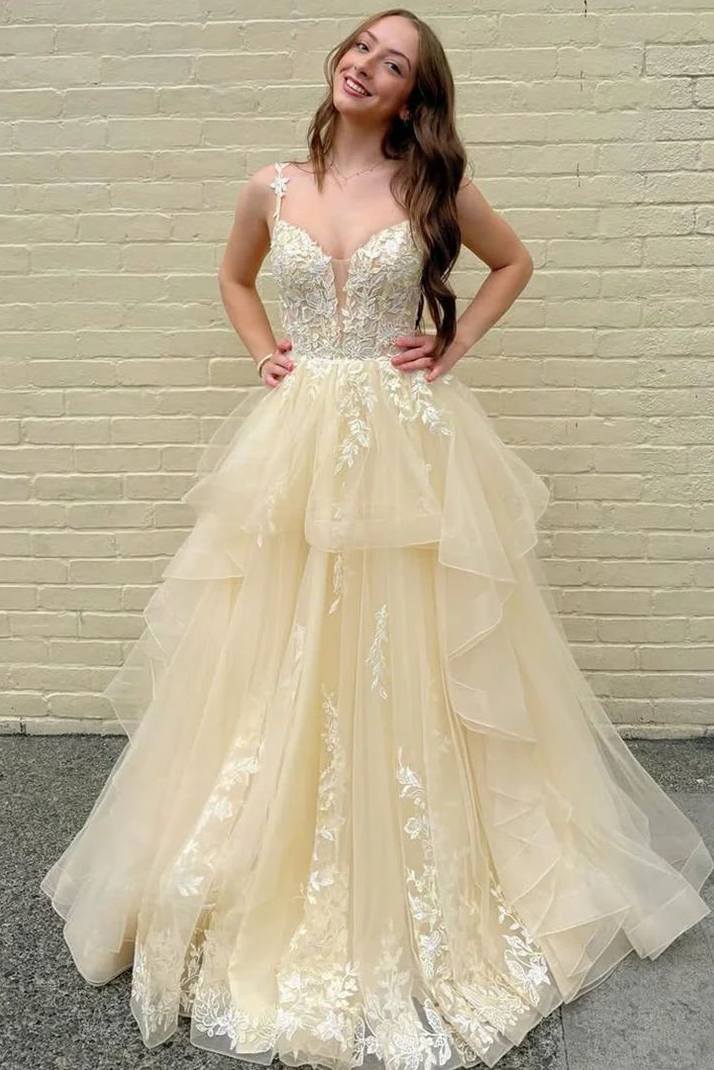 A-Line Straps V-Neck Empire-Waist Lace Appliques Ruffles Long Prom Dress
