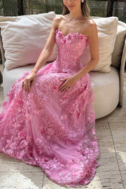 Stunning Pink Strapless Lace Appliques Empire-Waist Long Prom Dress
