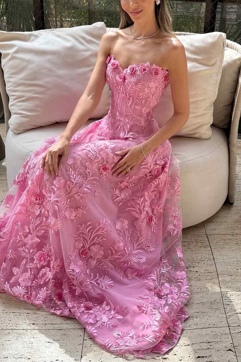 Stunning Pink Strapless Lace Appliques Empire-Waist Long Prom Dress