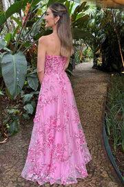 Stunning Pink Strapless Lace Appliques Empire-Waist Long Prom Dress