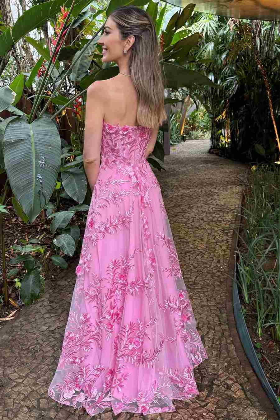 Stunning Pink Strapless Lace Appliques Empire-Waist Long Prom Dress