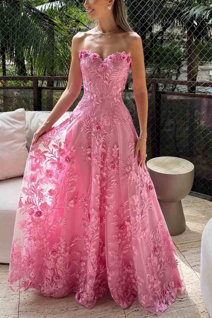 Stunning Pink Strapless Lace Appliques Empire-Waist Long Prom Dress