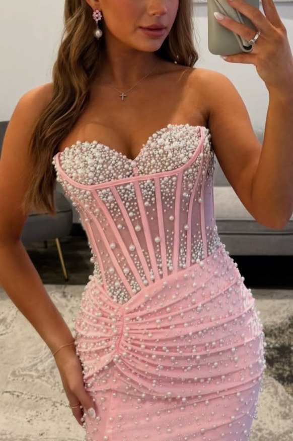 Pink Strapless Pearls Beaded Pleats Mermaid Long Prom Dress with Slit