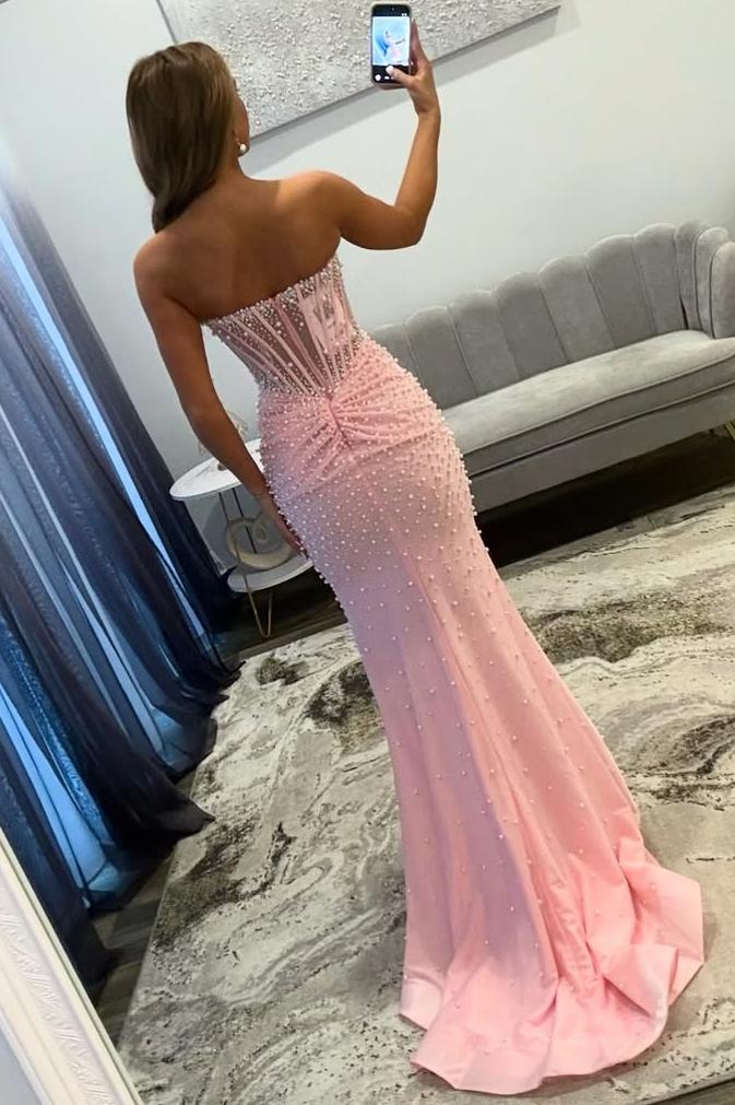 Pink Strapless Pearls Beaded Pleats Mermaid Long Prom Dress with Slit