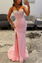 Pink Strapless Pearls Beaded Pleats Mermaid Long Prom Dress with Slit