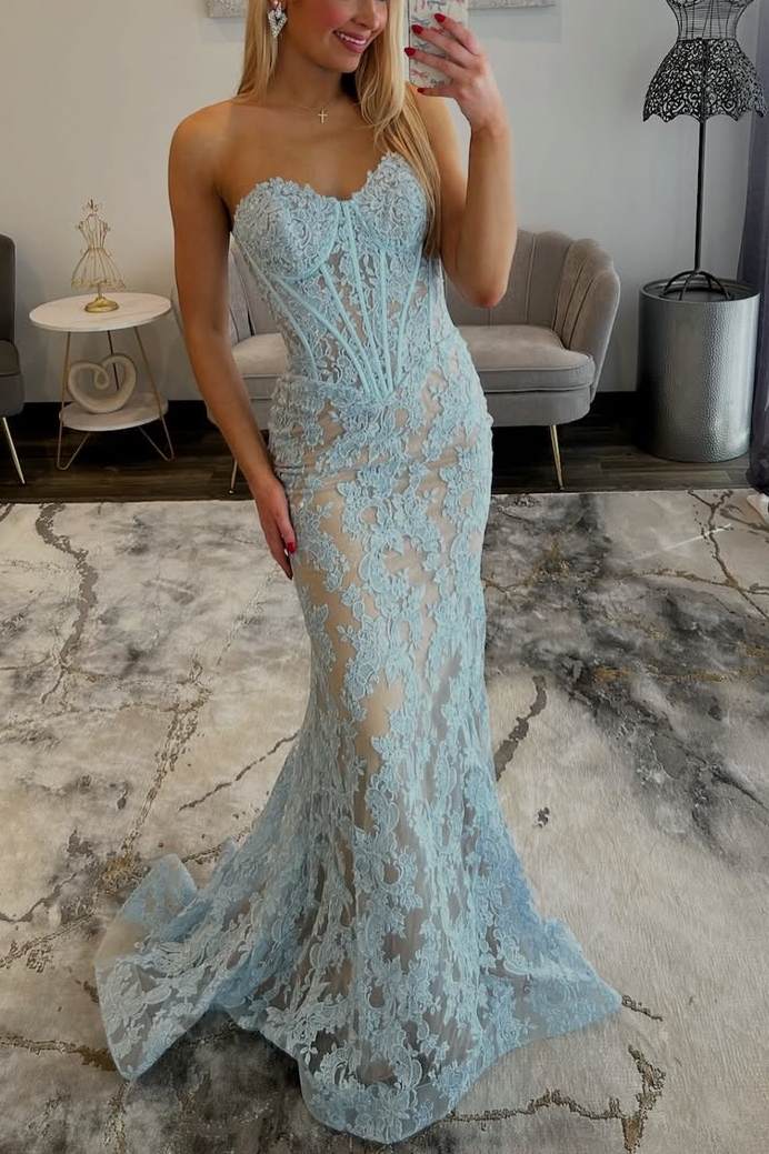 Sky Blue Strapless Lace Appliques Sweetheart Mermaid Prom Dress