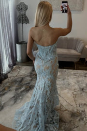 Sky Blue Strapless Lace Appliques Sweetheart Mermaid Prom Dress