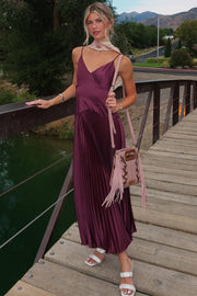 Spaghetti Straps V-Neck Sleeveless Pleated Long Formal Prom Dress