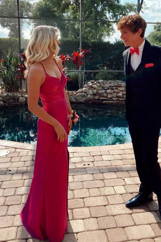 Simple V-Neck Sleeveless Straps Satin Long Prom Dress with Slit