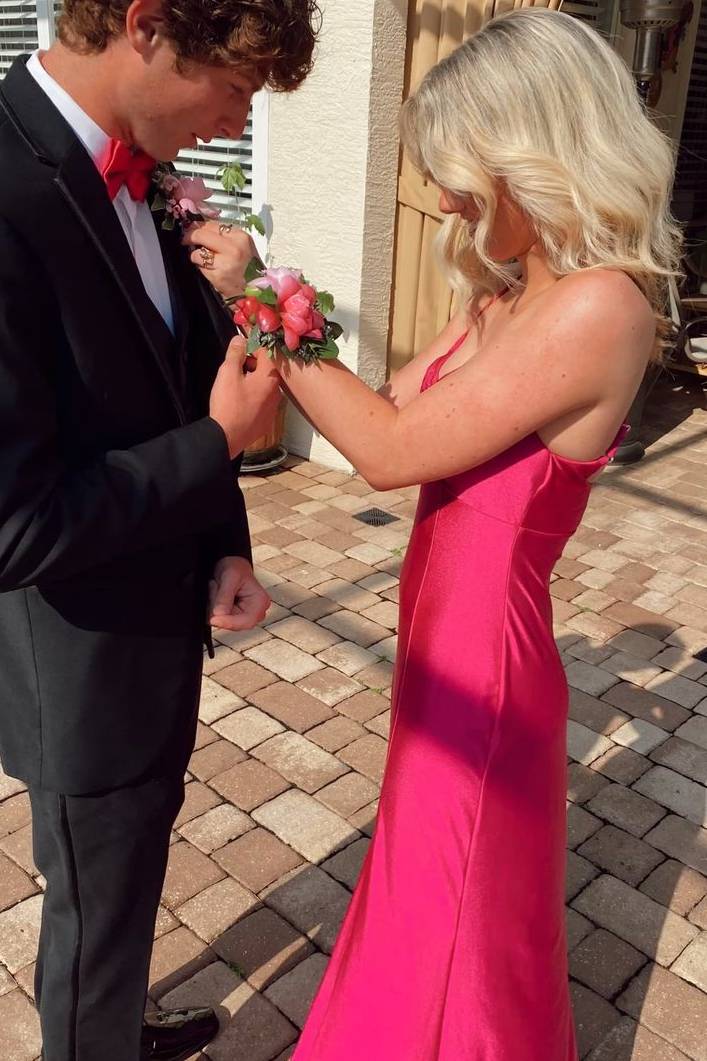 Simple V-Neck Sleeveless Straps Satin Long Prom Dress with Slit