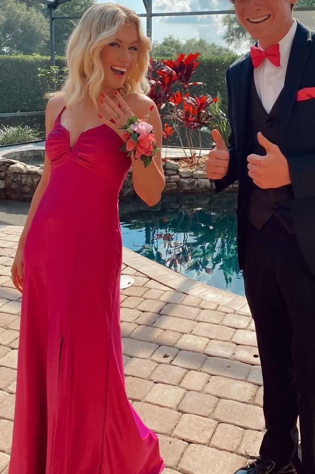 Simple V-Neck Sleeveless Straps Satin Long Prom Dress with Slit