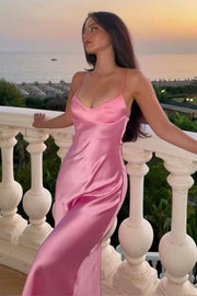 Spaghetti Straps Scoop Neck Satin Pleats Long Formal Prom Dress