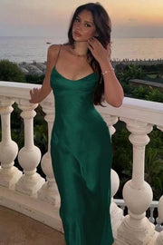 Spaghetti Straps Scoop Neck Satin Pleats Long Formal Prom Dress