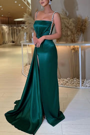 Green Double Straps with Beads Pleats High Slit Prom Evening Dress with Train