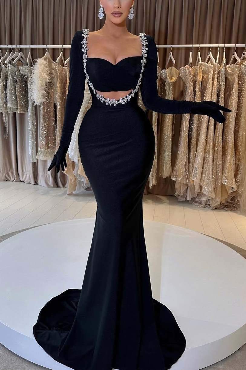 Black Sweetheart Beads Mermaid Long Sleeves Long Evening Prom Dress