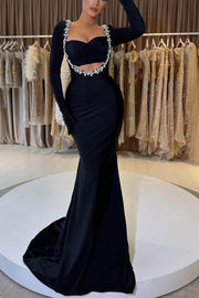 Black Sweetheart Beads Mermaid Long Sleeves Long Evening Prom Dress