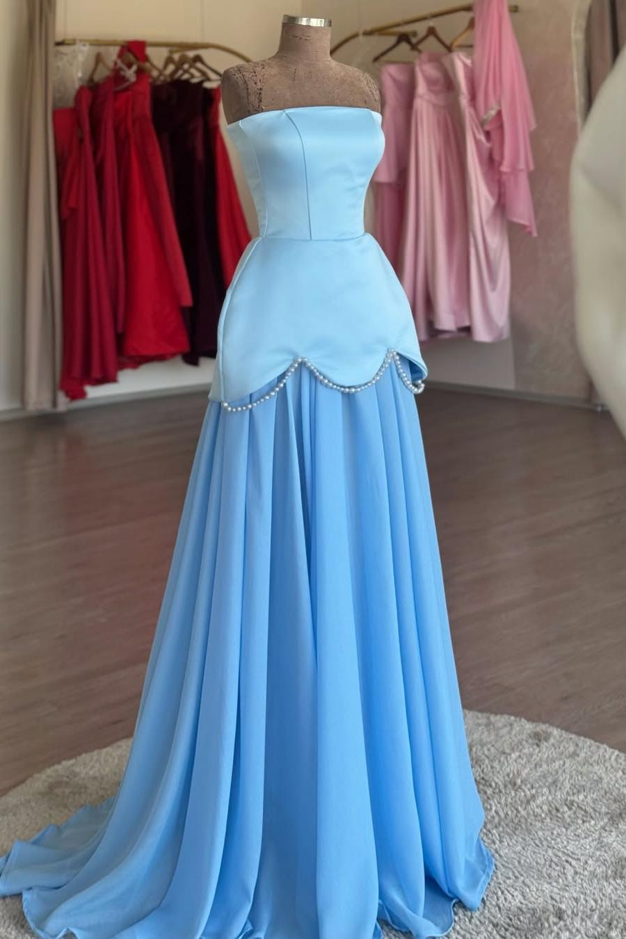 Elegant A-Line Strapless Empire-Waist Pearls Sheer Evening Prom Dress