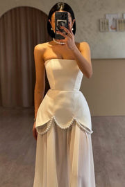 Elegant A-Line Strapless Empire-Waist Pearls Sheer Evening Prom Dress