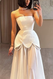 Elegant A-Line Strapless Empire-Waist Pearls Sheer Evening Prom Dress