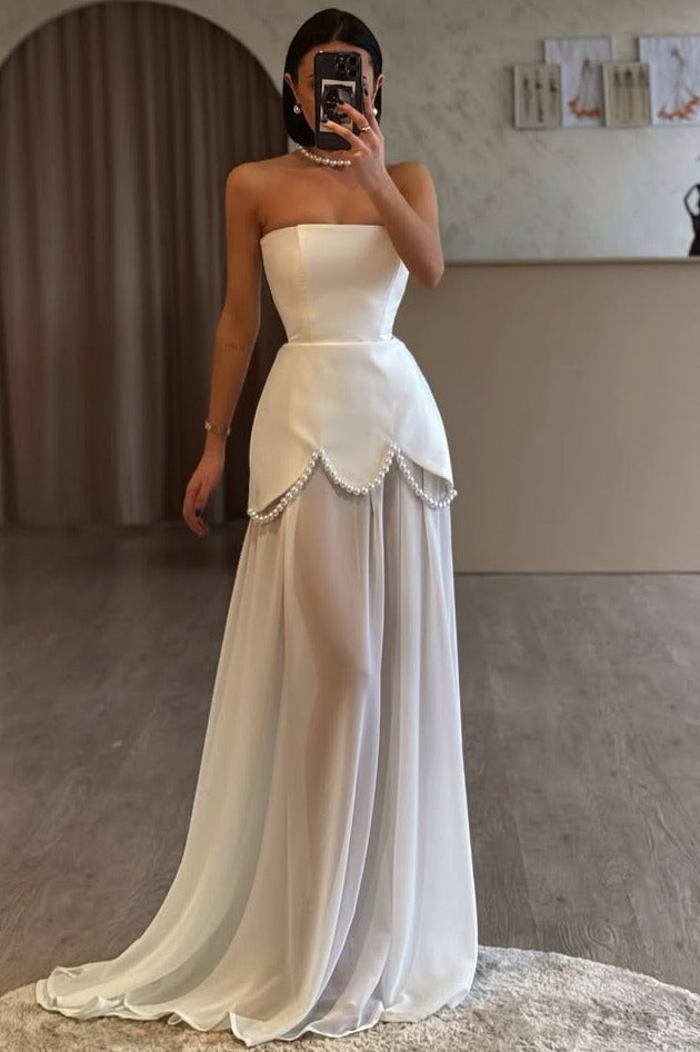 Elegant A-Line Strapless Empire-Waist Pearls Sheer Evening Prom Dress