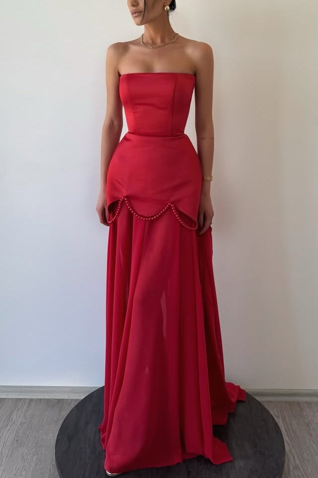 Elegant A-Line Strapless Empire-Waist Pearls Sheer Evening Prom Dress