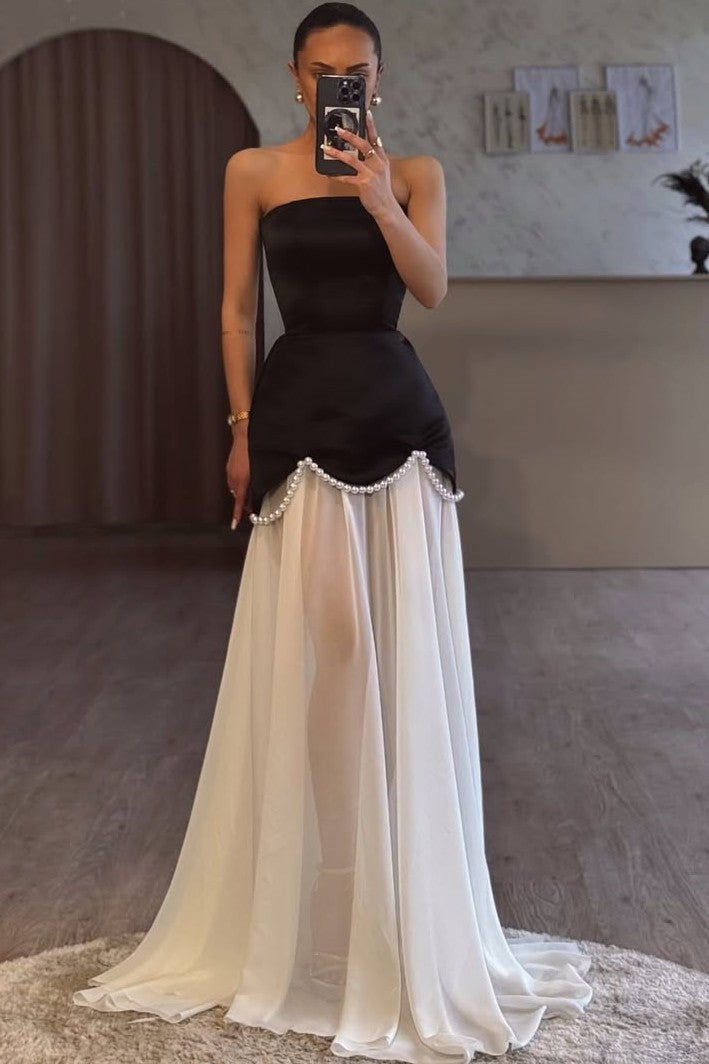 Elegant A-Line Strapless Empire-Waist Pearls Sheer Evening Prom Dress