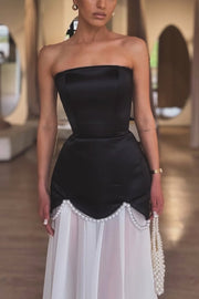 Elegant A-Line Strapless Empire-Waist Pearls Sheer Evening Prom Dress