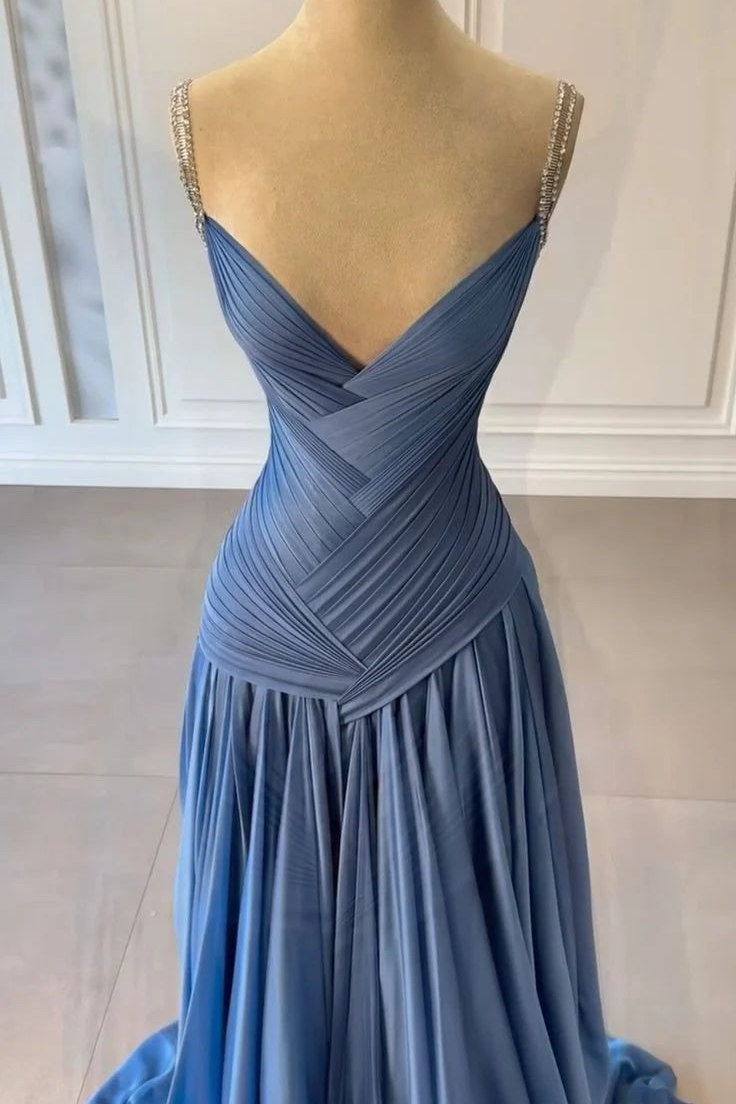 Blue A-Line Spaghetti Straps Empire-Waist V-Neck Pleated Prom Dress